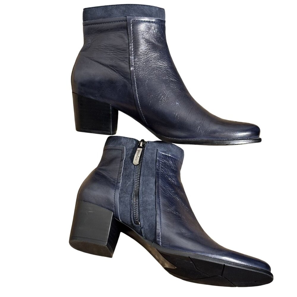 Regarde Le Ciel Navy Leather & Suede Ankle Boots W/ Zipper Closure & Block Heel - Picture 8 of 8